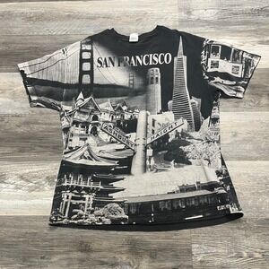 Vintage All‎ Over Print San Francisco T-Shirt Black White Mens XL Skyline Tee